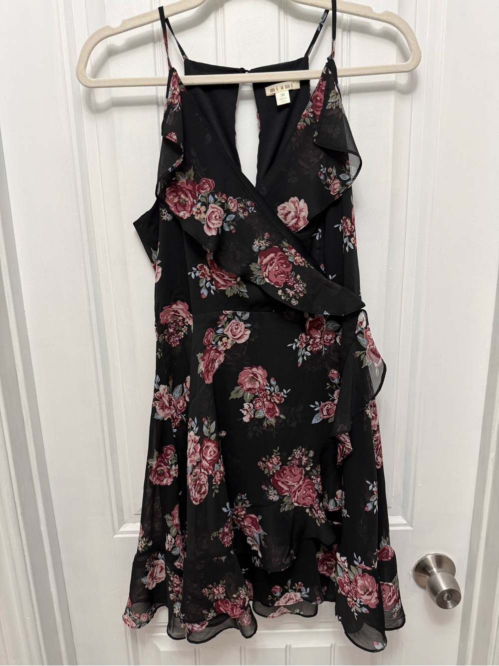 MIAMI Black Floral Sleeveless Faux Wrap Ruffle Mini Dress Size Medium (27-11)